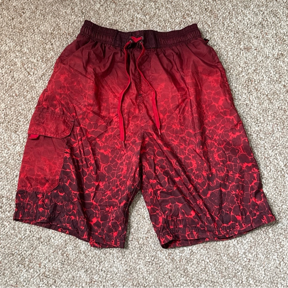 NBN Gear Men's Red Patterned Cargo Swim Trunks with Drawstring